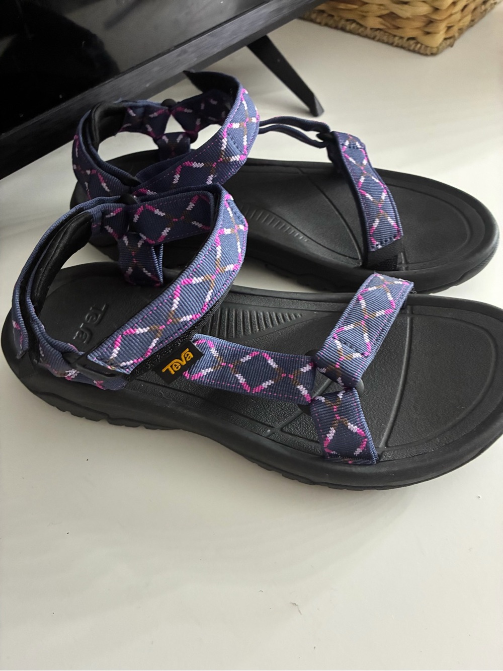 Hydratrek Teva Women's Black Sandals with Purple and Pink Patterned Straps - Picture 2 of 4